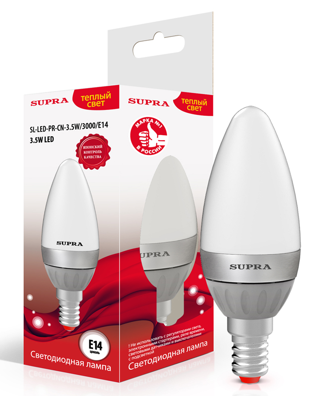 Лампы Supra | SL-LED-PR-CN-3.5W/3000/E14 | светодиодная лампа Мощность - 3,5 Вт,Цоколь - Е14, 3000К| 1