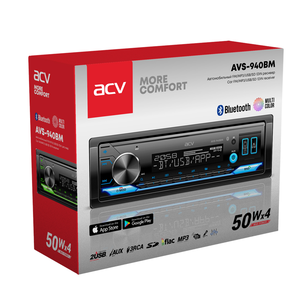 ACV | AVS-940BM| 1din/мультицвет/FM/MP3/USB/BT/SD/FM/4*50/съемн.панель | 4