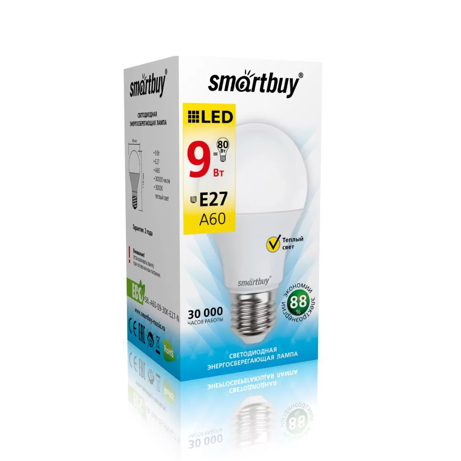 Лампа Smartbuy | A60-09W/3000/E27 ( SBL-A60-09-3K-E27 ) | Мощность 9Вт, 3000К, Цоколь E27 | превью 1