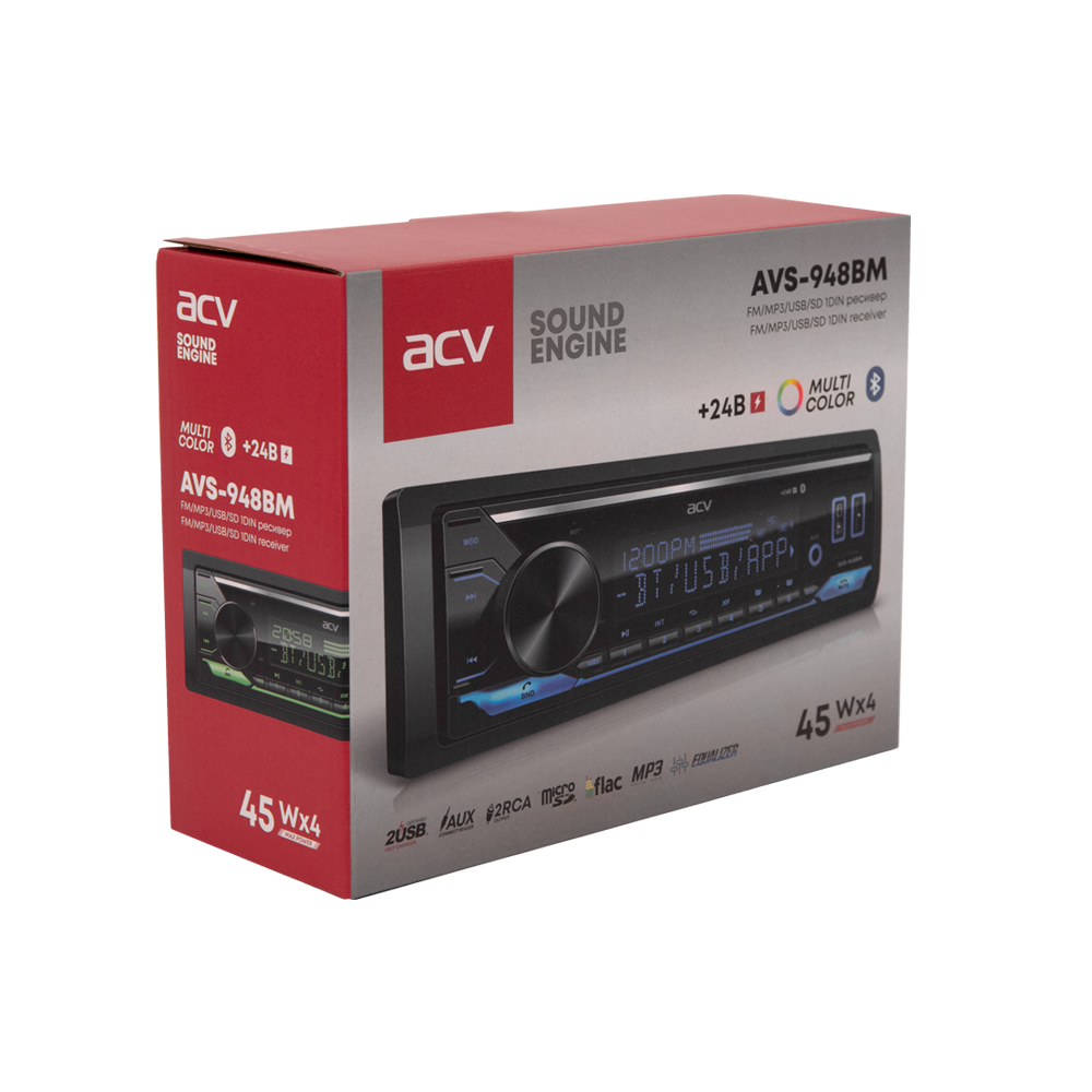 ACV | AVS-948BM |  24V!/мультицвет/BT/2USB/Charge/SD/FM/AUX/MP3/4*45/фикс.панель | 5
