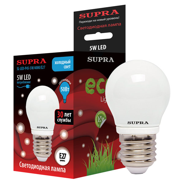 Лампы Supra | SL-LED-P45-5W/4000/E27 | светодиодная лампа Мощность - 5 Вт, Цоколь - Е27, 4000К | превью 1