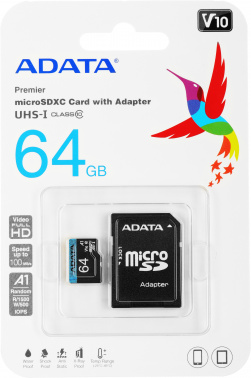 A-Data | 64Gb | Карта памяти MicroSD 64GB Class 10 Premier Pro A1 UHS-I (100 Mb/s) + SD адаптер| 1