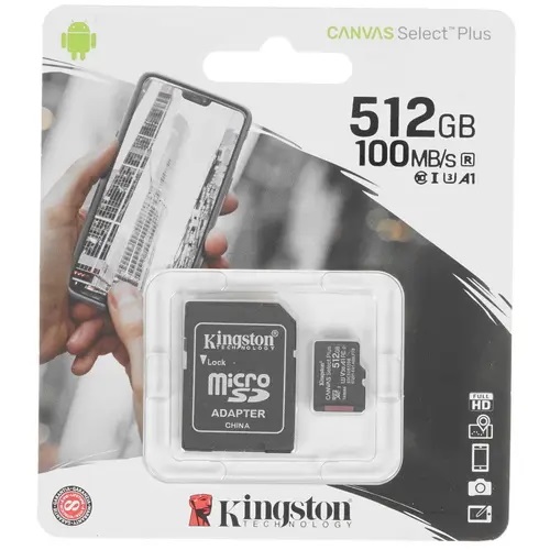 Kingston | MicroSD 512Gb | Карта памяти Canvas Select+ MicroSD 512Gb, Class 10 UHS-I U3 A1 100MB/s 1