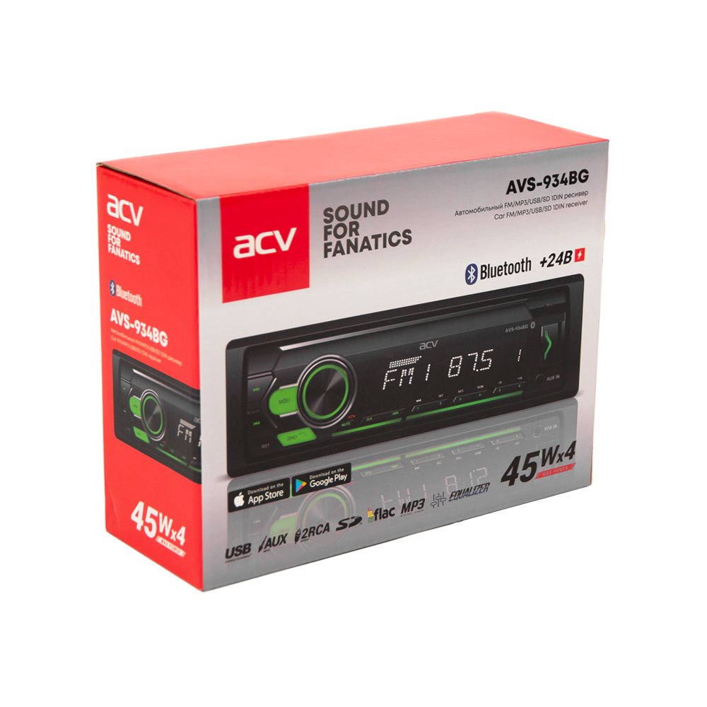 ACV | AVS-934BG | 24V!!! 1din/зеленая/FM/MP3/2USB/BT/SD/FM/4*45/Bluetooth/фиксир.панель | 6
