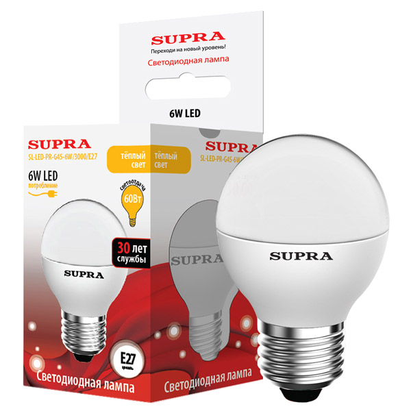 Лампы Supra | SL-LED-PR-G45-6W/3000/E27 | светодиодная лампа Мощность - 6 Вт, Цоколь - Е27, 3000К | превью 1