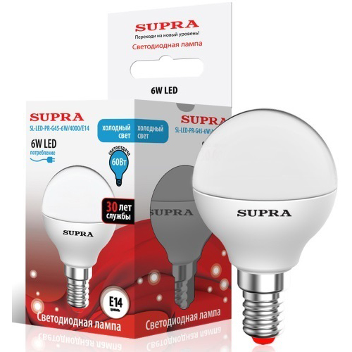 Лампы Supra | SL-LED-PR-G45-6W/4000/E14 | светодиодная лампа Мощность - 6 Вт, Цоколь - Е14, 4000К | превью 1
