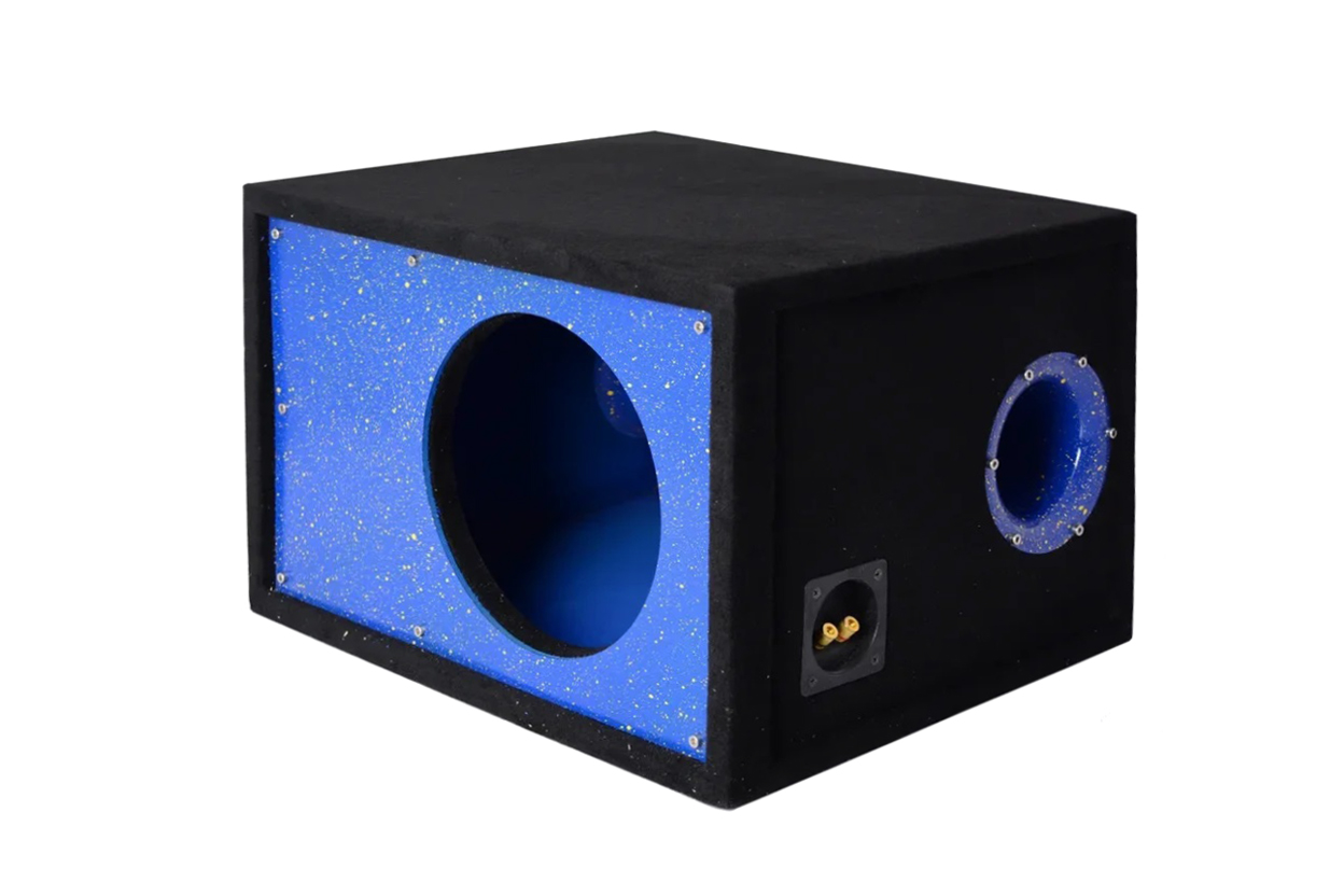 D/S/D | Короб 10" ФАНЕРА  |  Корпус Искра ЖЕЛТАЯ НА СИНЕМ фазоинвертор 110 мм , 49л | превью 1