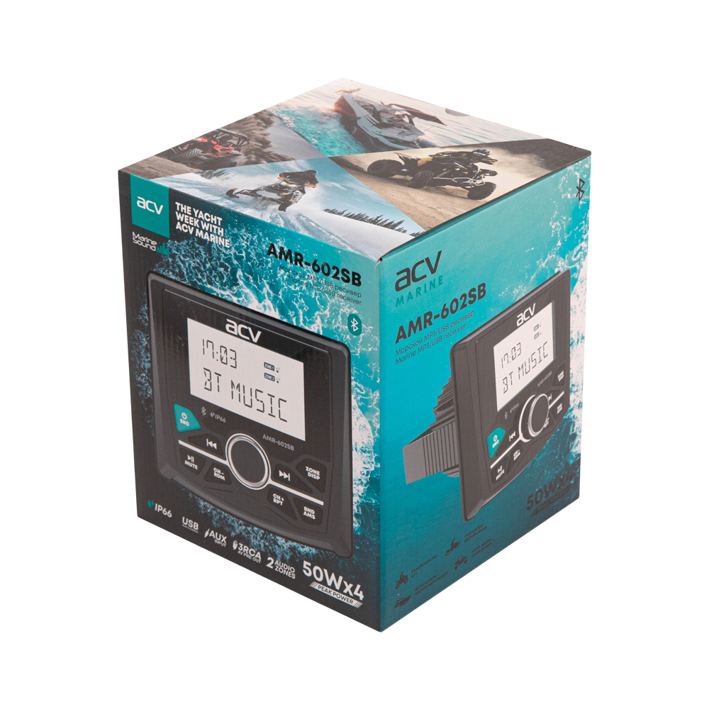 ACV | AMR-602SB | квадратный/черный/IP66/4*50W/BT/2USB/FM/3xRCA/ 2 аудио зоны | 5