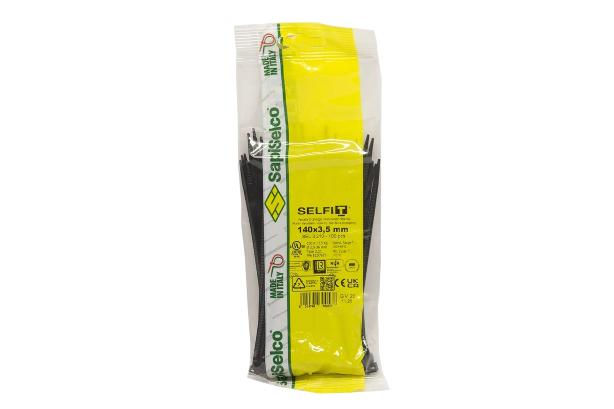 Стяжка кабельная | Sapi Selco SEL.3.210R | Стяжка кабельная 3.5x140мм,Черная. Италия  (100шт) | превью 1