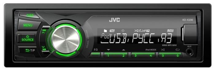 JVC | KD-X200EE | зел/красн. подсветка, USB 1A, iPod/iPhone, 1RCA(sub), front AUX, съемная панель | 1