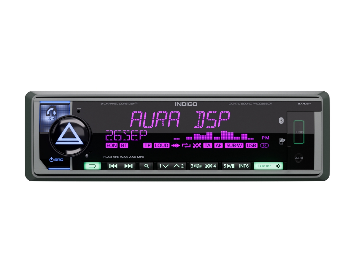 AurA | INDIGO-877DSP | CORE-DSP (8 каналов), FLAC, USB/BT, 4 пары RCA, APP, 3-ZONE RGB, D-SWC, ДУ | 2