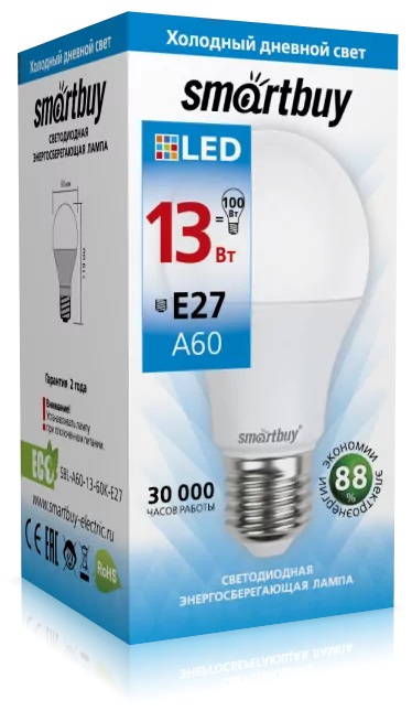 Светодиодная (LED) Лампа | Smartbuy | A60-13W/6000/E27 | превью 1