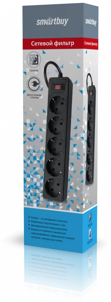 Сетевой фильтр | Smartbuy | 10А, 2200Вт, 5 гнезд, без з/ш, земля, ПВС 3x0,75, 3 м, черный| 2