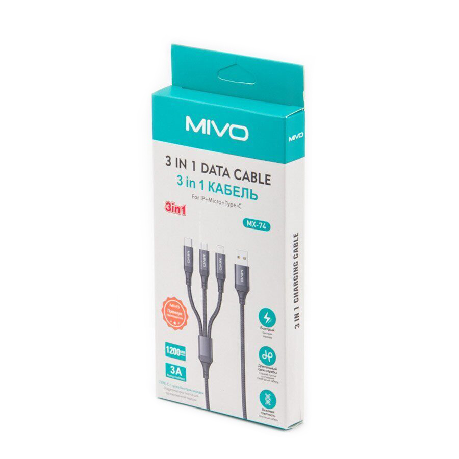 Mivo | MX-74 |  Универсальный кабель 3в1  Micro USB + Type-C+ Lightning  3 А  1.2 м | превью 3