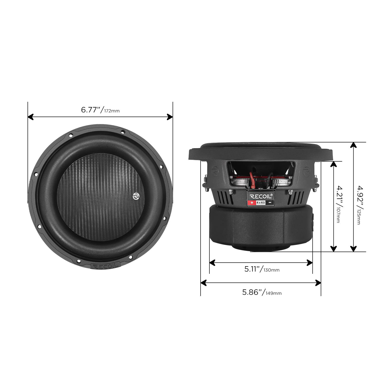 Recoil | PW65D4 | Сабвуферный динамик, 6.5" , 4+4Ом, 50-500 Гц, RMS/Peak - 200W/400W | 6