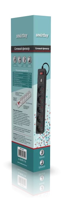 Сетевой фильтр | Smartbuy | 10А, 5 гнезд, c USB, c з/ш, земля, ПВС 3x0,75, 1,8 м, черный| превью 2