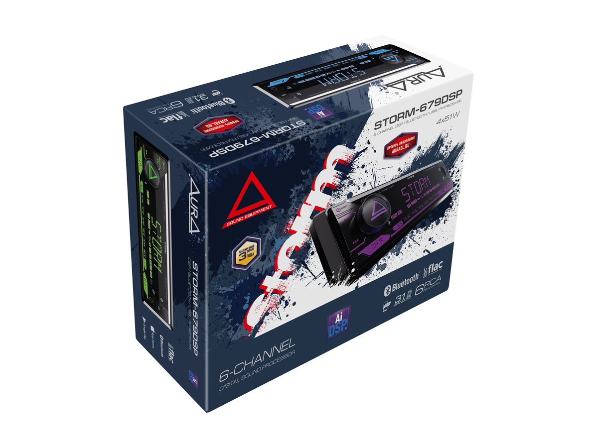 AurA | STORM-679DSP | Ai-DSP (6 RCA, 4V), FLAC 24bit, BT 5.3, БОЛЬШОЙ ДИСПЛЕЙ,APP, RGB, D-SWC, ДУ | 9