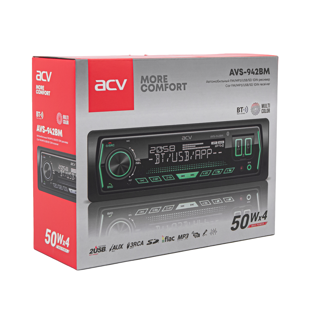 ACV | AVS-942BM| 1din/мультицвет/FM/MP3/2USB/BT/SD/FM/4*50/съемн.панель | 5