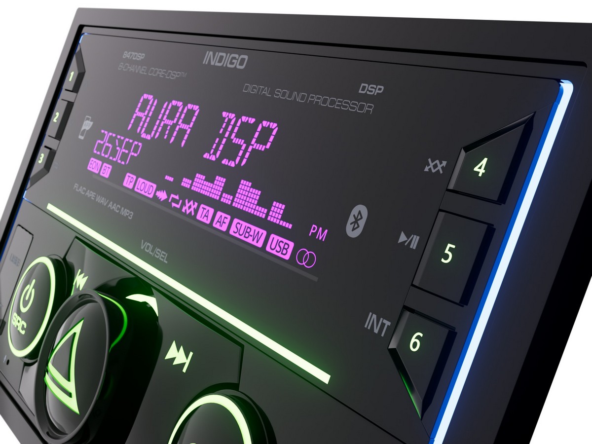 AurA | INDIGO-847DSP MkII | 2 DIN, CORE-DSP (8 RCA, 6V), FLAC, BT 5.3, APP, 3-ZONE RGB, ДУ | 3