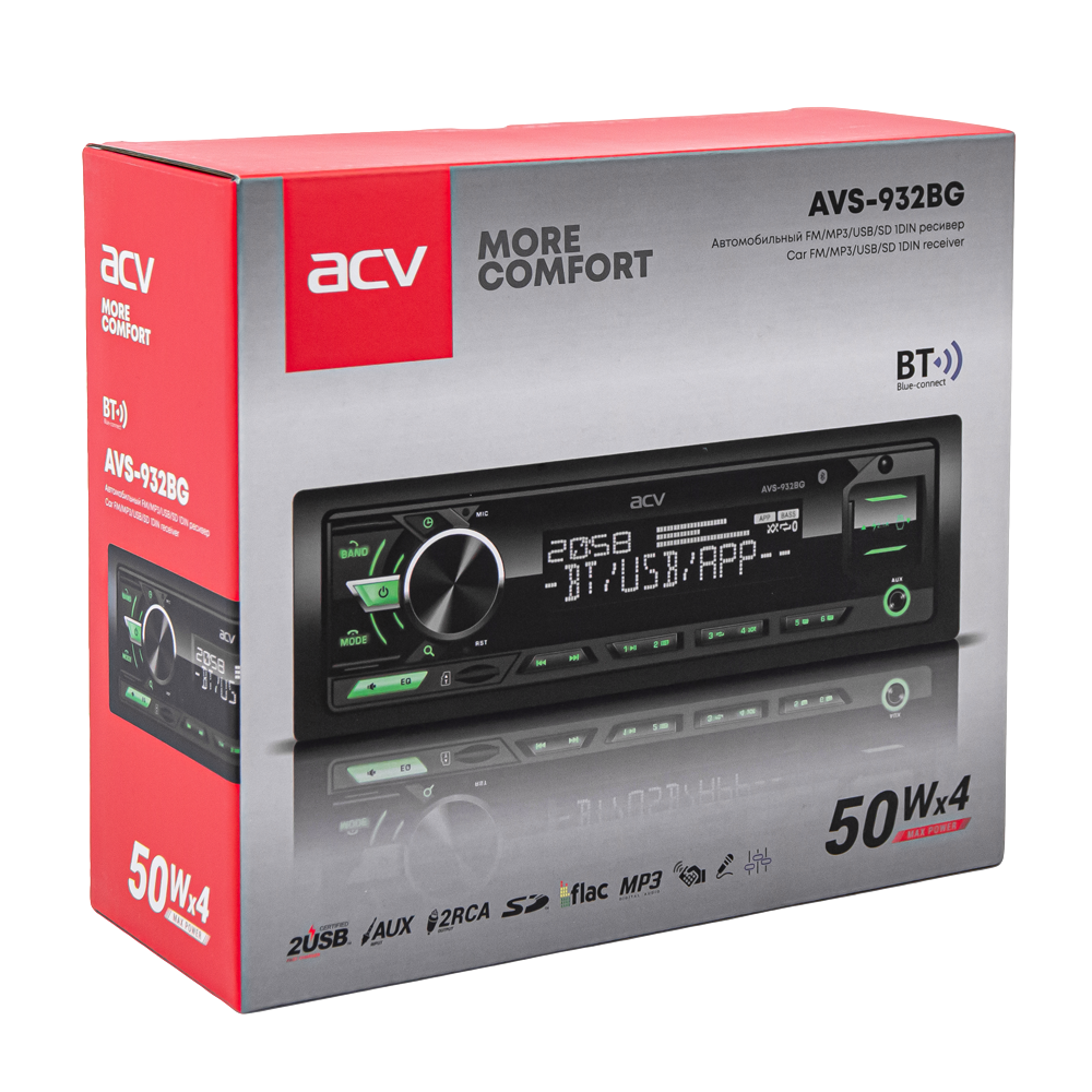 ACV | AVS-932BG | 1din/зеленая/FM/MP3/2USB/BT/SD/FM/4*50/Bluetooth/съемн.панель | 5