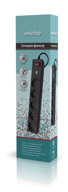 Сетевой фильтр | Smartbuy | 10А, 5 гнезд, c USB, c з/ш, земля, ПВС 3x0,75, 1,8 м, черный| превью 3