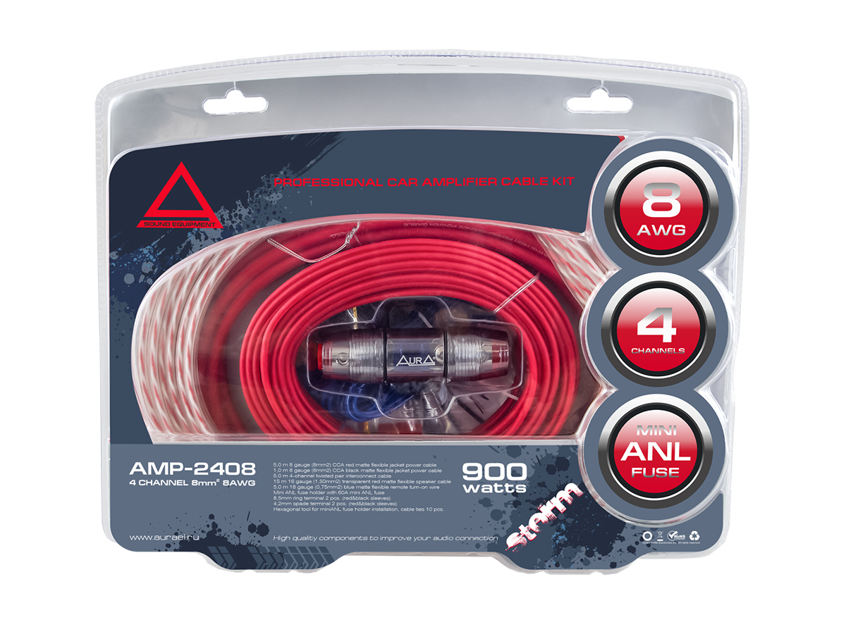 AurA | AMP-2408 | 4 канала, 8Ga (8мм²), колба MiniANL 60A, RCA, 2x1.5mm 15m, клеммы, шестигранник| превью 2