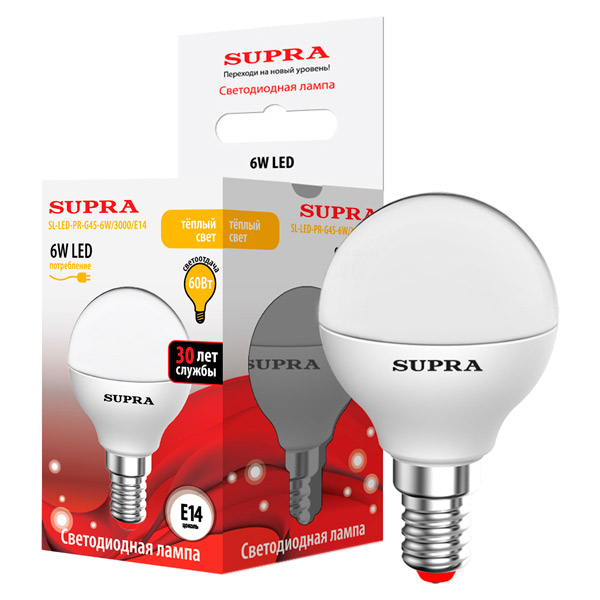 Лампы Supra | SL-LED-PR-G45-6W/3000/E14 | светодиодная лампа Мощность - 6 Вт, Цоколь - Е14, 3000К | превью 1