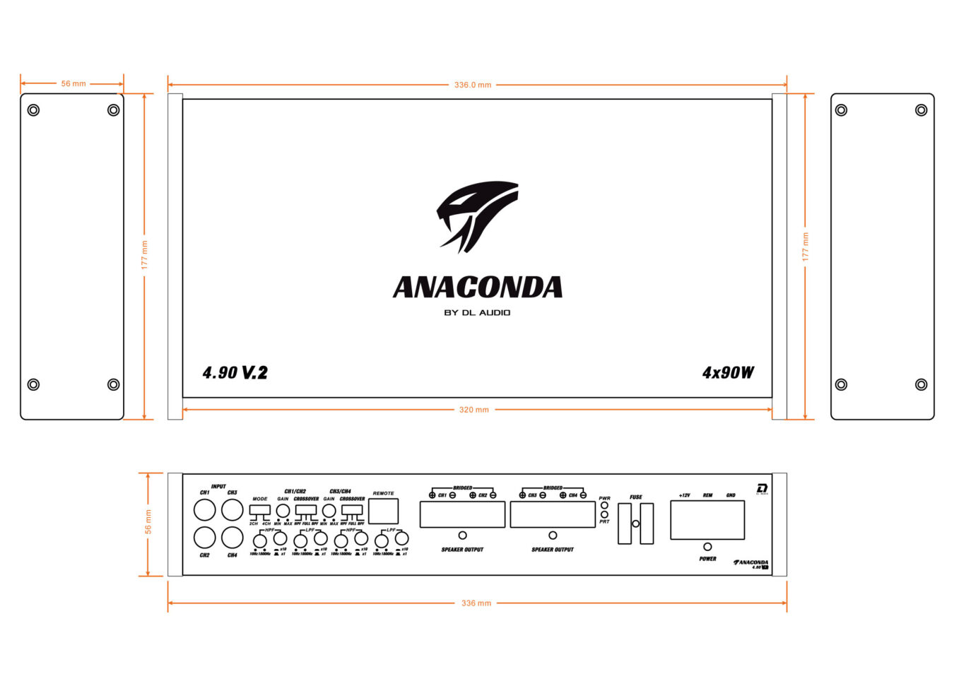 DL Audio | Anaconda 4.90 V2 | Класс AB 4x90 Вт(4 Ом), 4x160 Вт(2 Ом), 300Вт Мост | 7