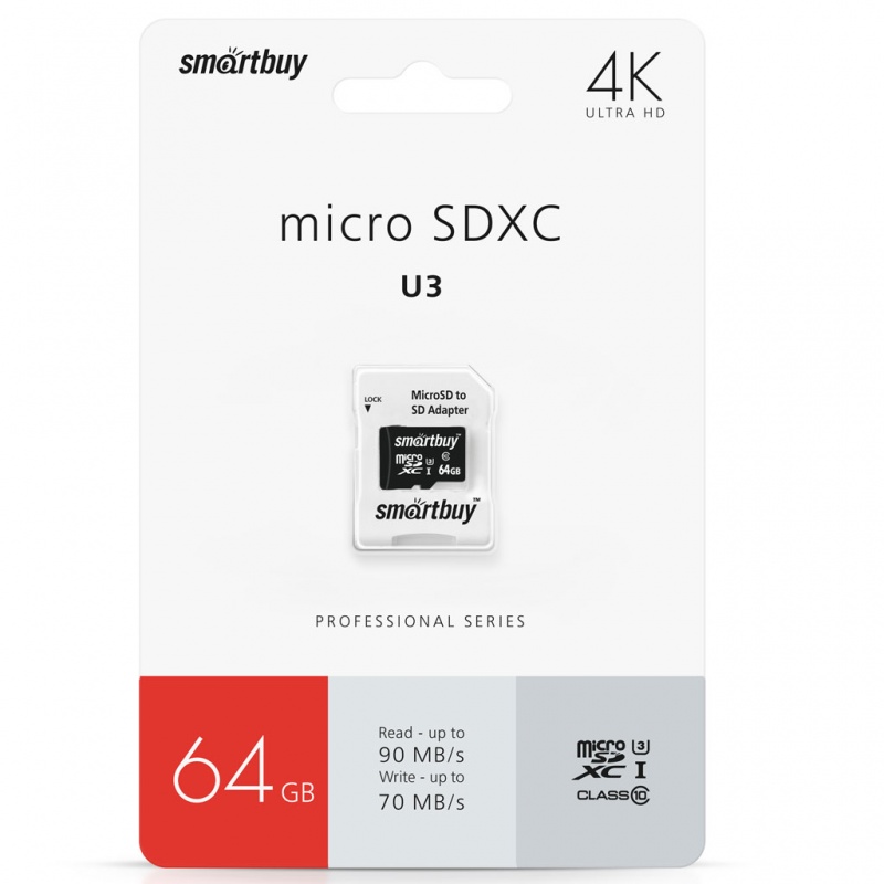 Smartbuy | MicroSDXC 64Gb Class 10 PRO U3 95/60 MB/s (с адапт. SD) | MicroSD 64Gb + адап, Class 10 | превью 1