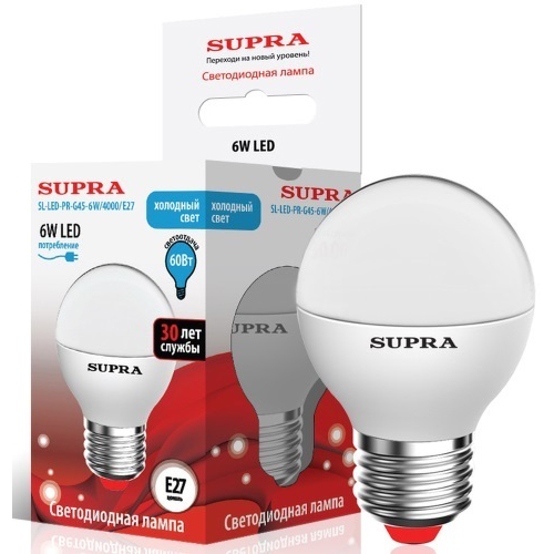 Лампы Supra | SL-LED-PR-G45-6W/4000/E27 | светодиодная лампа Мощность - 6 Вт, Цоколь - Е27, 4000К | превью 1