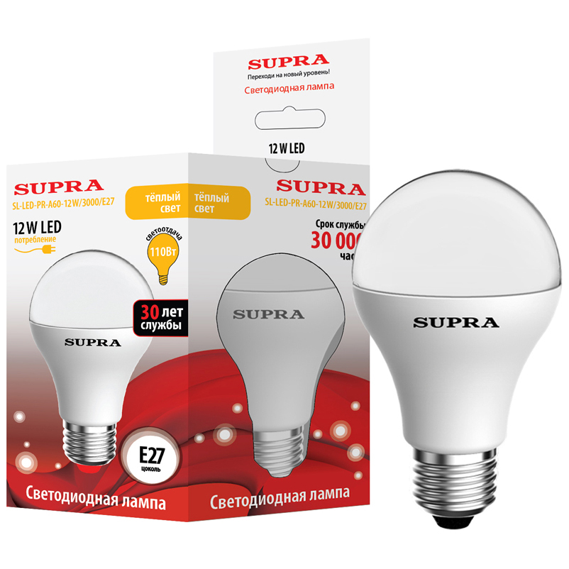 Лампы Supra | SL-LED-PR-A60-12W/3000/E27 | светодиодная лампа Мощность -14 Вт, Цоколь - Е27, 3000К | превью 1