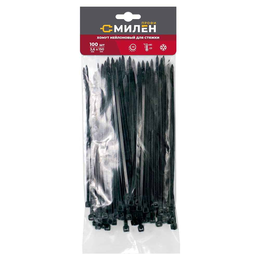 Стяжка кабельная | Милен CLM3615B | Хомут стяжка 3,6х150 нейлоновая (уп. 100 шт.) черный| 1