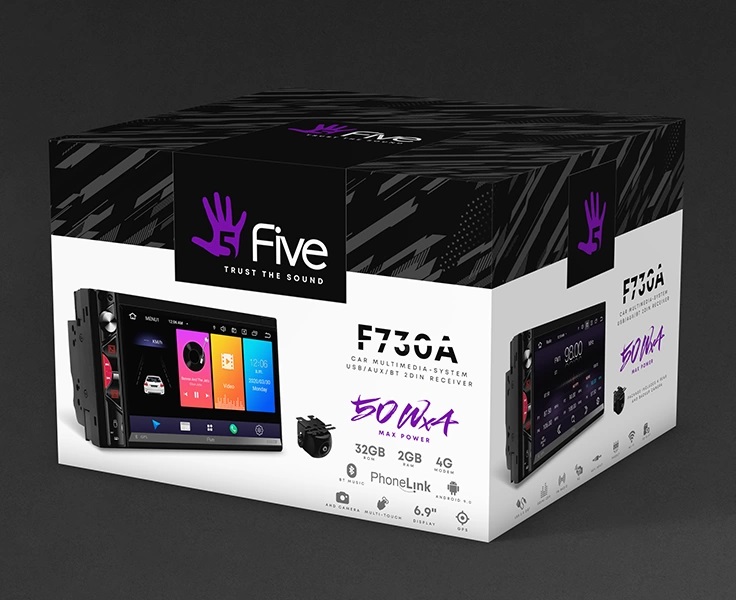 FIVE| F730A | 2din EURO//6.9"/Android9/1024*600/2+32Гб/FM/AM/USB/BT/GPS/WiFi/ | 4