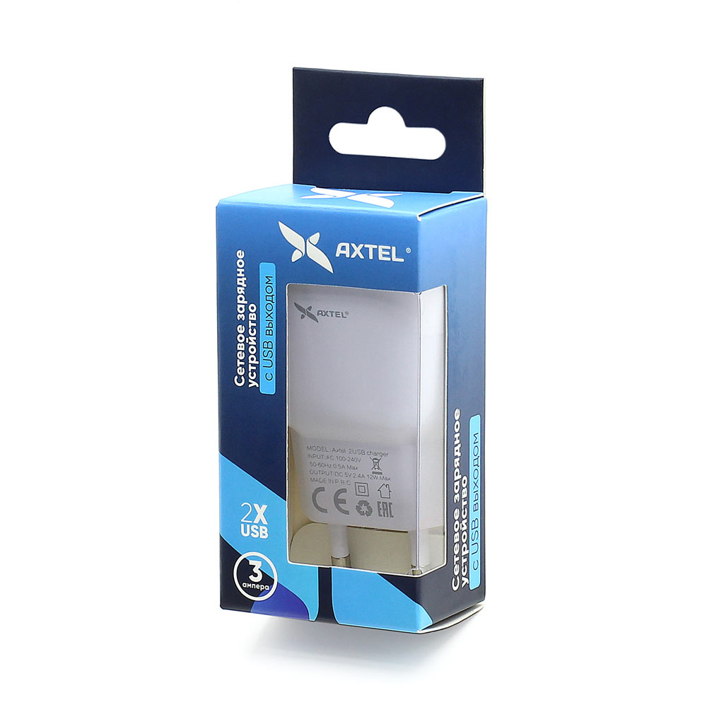 AXTEL | СЗУ USB | Сетевое ЗУ 2x USB 220В 3000мА | превью 1