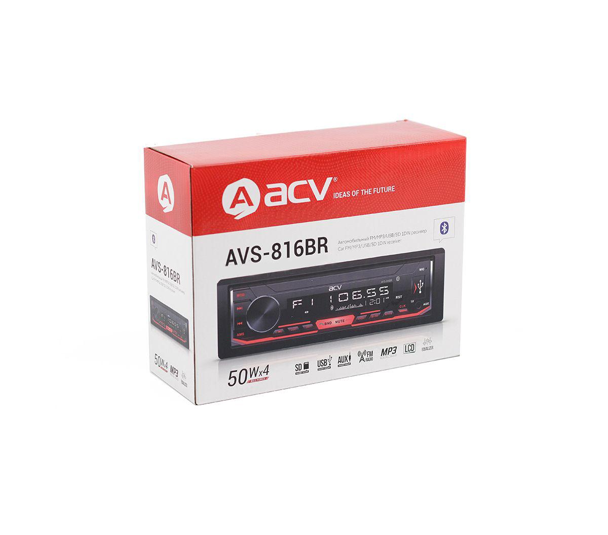 ACV | AVS-816BR | 1din/красная/Bluetooth/USB/AUX/SD/FM/4*50 | 4