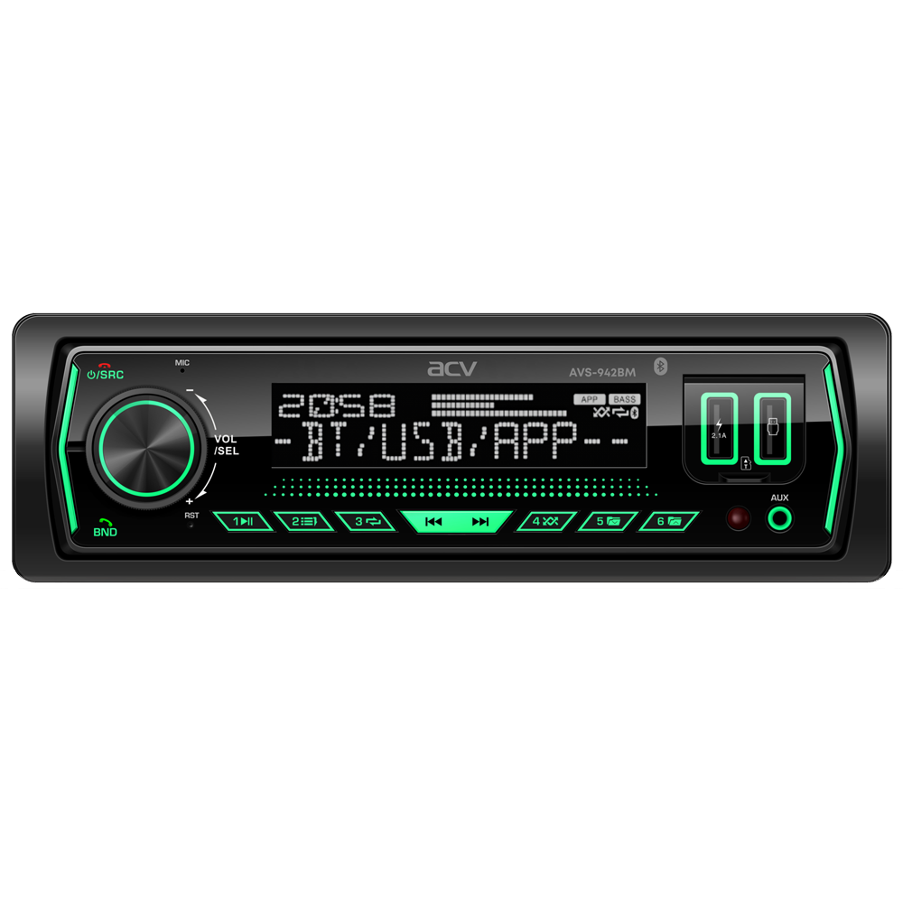 ACV | AVS-942BM| 1din/мультицвет/FM/MP3/2USB/BT/SD/FM/4*50/съемн.панель | 1