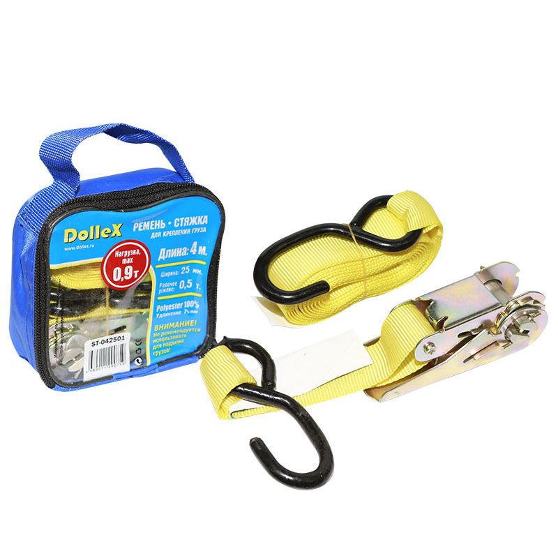 DolleX | ST-042501| Стяжка для крепления груза (4 м х 25 мм), 0,9 т (лента + механизм) в сумке| превью 1