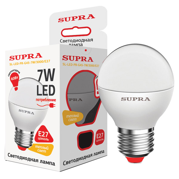 Лампы Supra | SL-LED-PR-G45-7W/3000/E27 | светодиодная лампа Мощность - 7 Вт, Цоколь - Е27, 3000К | превью 1