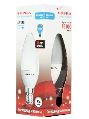 Лампы Supra | SL-LED-PR-CN-6W/4000/E14 | светодиодная лампа Мощность - 6 Вт, Цоколь - Е14, 4000К | 1