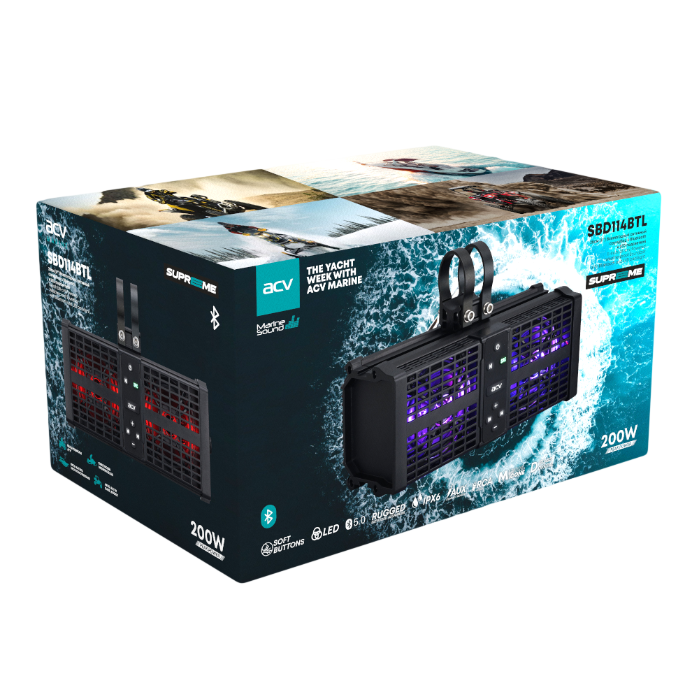 ACV | SBD114BTL | саундбар морской 28см/AUX/RCA/200W/LED/BT v5.3/Dclass/IPX6 | 3