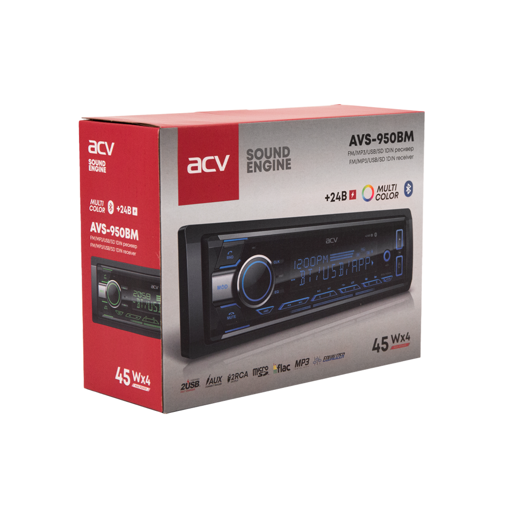 ACV | AVS-950BM |  24V!/мультицвет/BT/2USB/Charge/SD/FM/AUX/MP3/4*45/фикс.панель | 5
