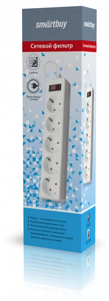 Сетевой фильтр | Smartbuy | 10А, 2200Вт, 5 гнезд, без з/ш, земля, ПВС 3x0,75, 3 м, белый| превью 2