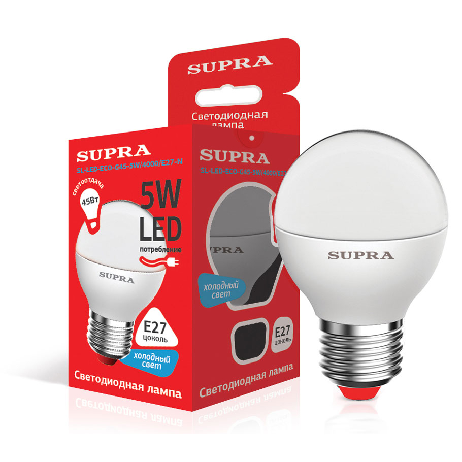 Лампы Supra | SL-LED-ЭKO-G45-5W/4000/E27 | светодиодная лампа Мощность - 5 Вт, Цоколь - Е27, 4000К | превью 1