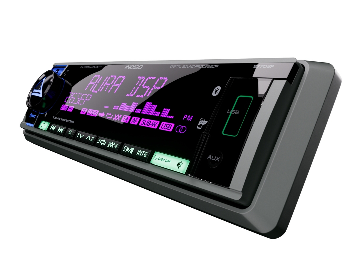 AurA | INDIGO-877DSP | CORE-DSP (8 каналов), FLAC, USB/BT, 4 пары RCA, APP, 3-ZONE RGB, D-SWC, ДУ | 3