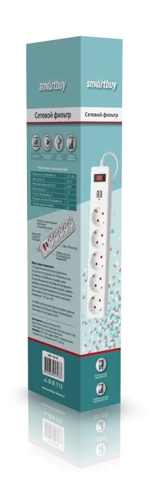 Сетевой фильтр | Smartbuy | 10А, 5 гнезд, c USB, c з/ш, земля, ПВС 3x0,75, 1,8 м., белый| превью 2