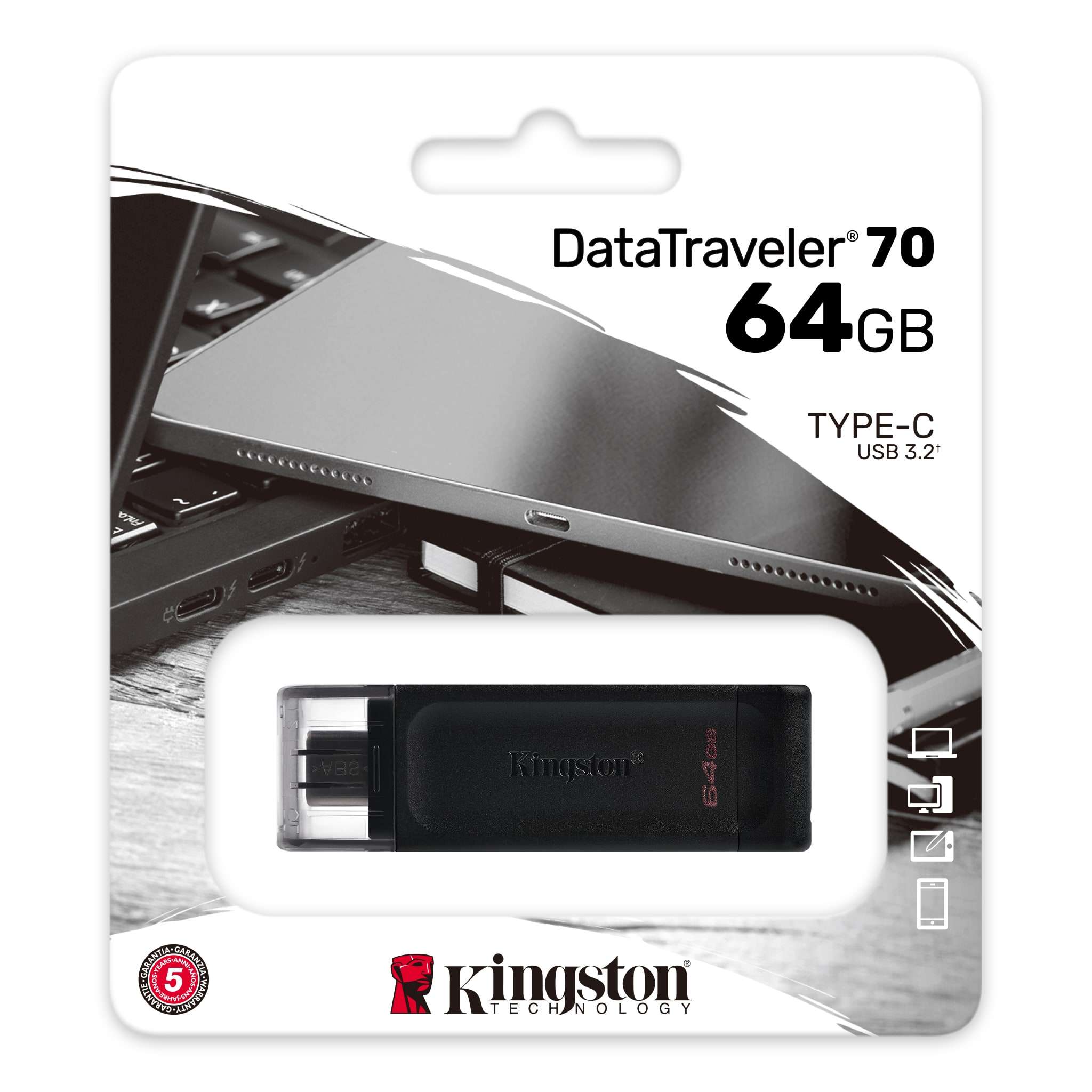 Kingston | 64GB | Модуль памяти DataTraveler 70 (USB 3.0/3.2 + Type C) чёрный| 1
