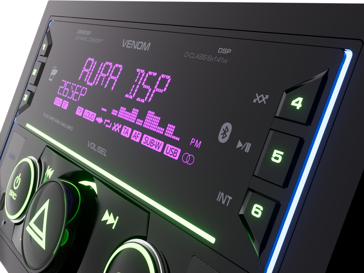 AurA | VENOM-D868DSP | D-CLASS 6х141w, CORE-DSP (8 RCA, 6V), FLAC, BT 5.3, 3-ZONE RGB, D-SWC, ДУ | 3