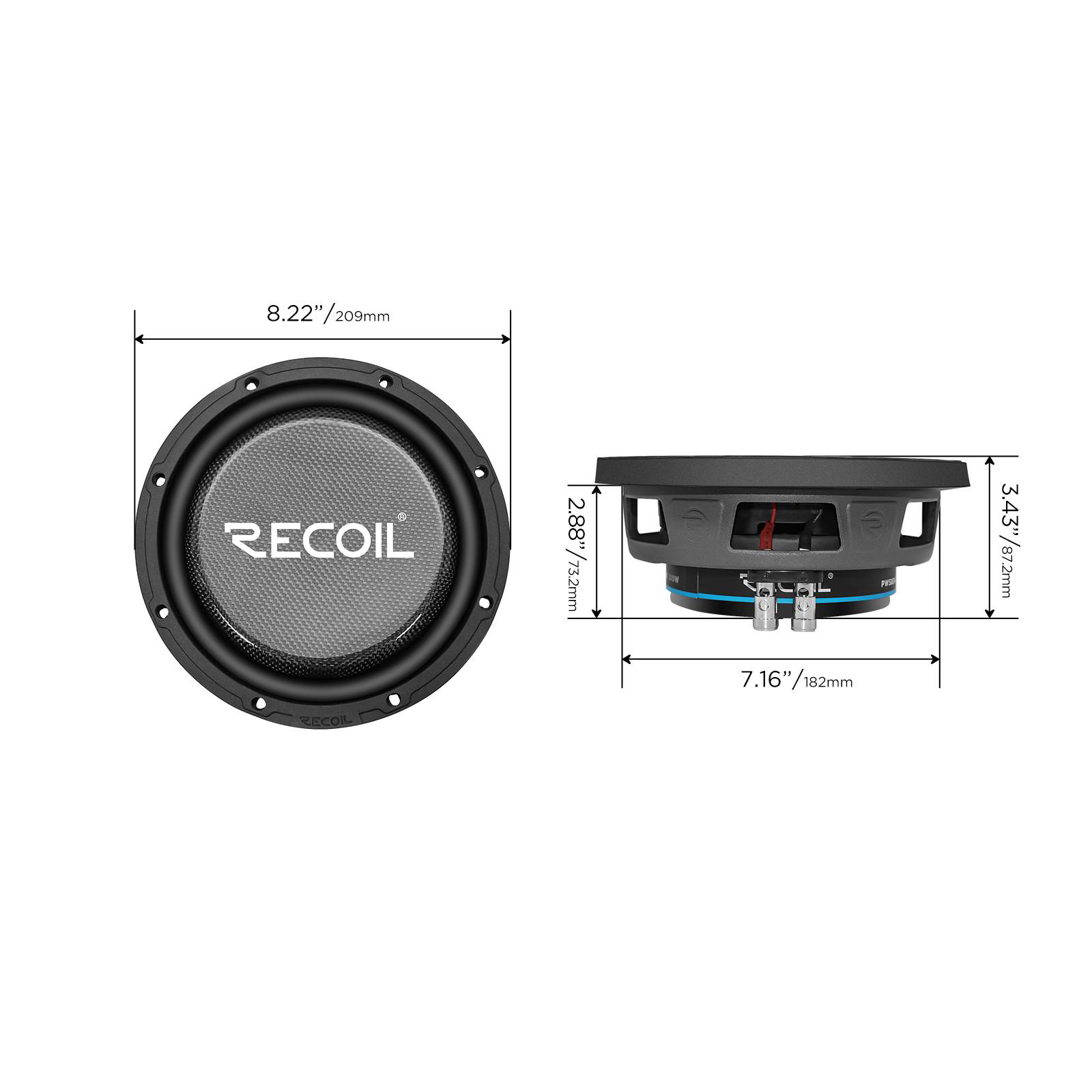 Recoil | PWS8D4 | Сабвуфер плоский, 8"(мм), 4+4Ом, 38-600 Гц, RMS/Peak - 250W/500W | 6